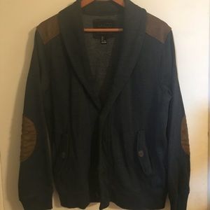 Navy blue shawl necked cardigan with elbow patches